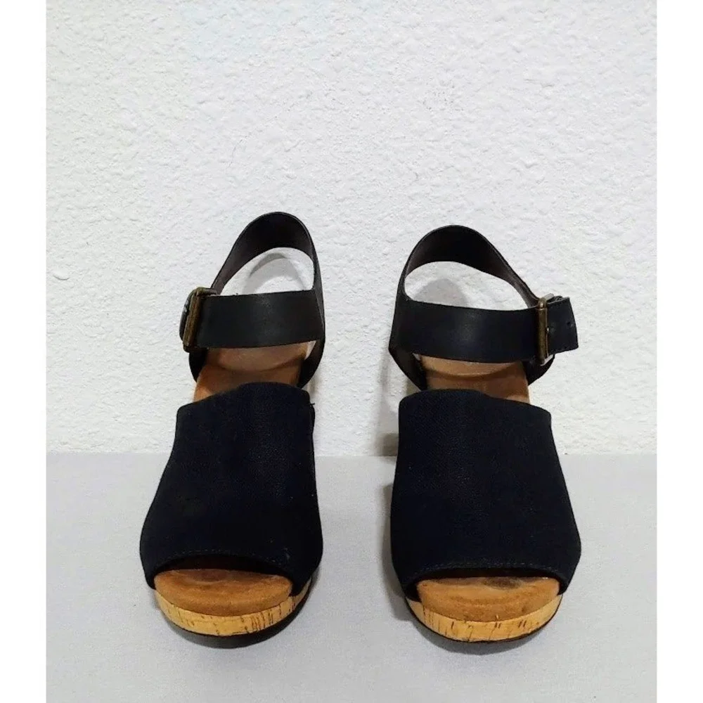 Toms Black Canvas and Cork Wedge Sandals with Ankle Strap
